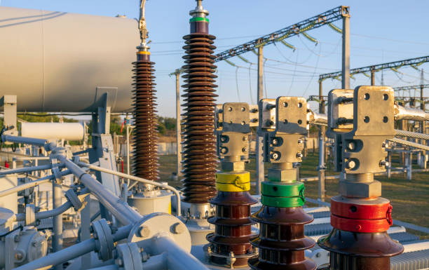 istock Converter transformer with ceramic insulators and bushings at a substation. 1708381188
