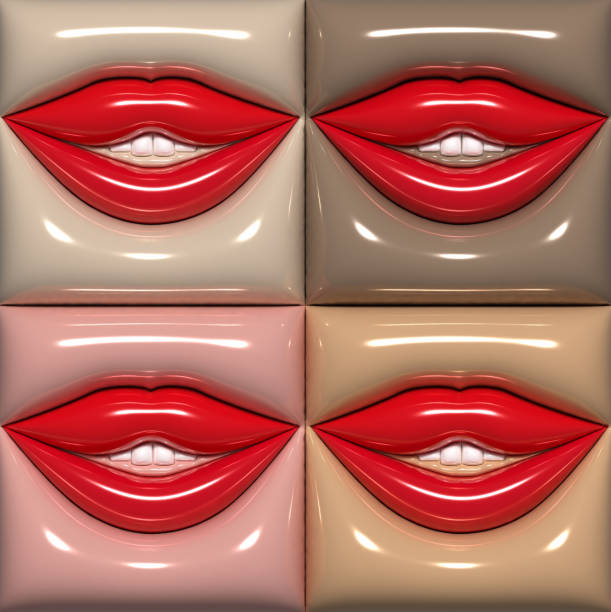 Four pairs of red lips with a slightly open mouth on a beige background, teeth visible. 3D rendering illustration