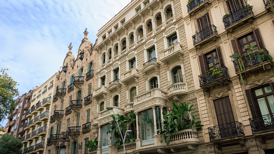 Homes and apartments on a street in Barcelona, Spain.