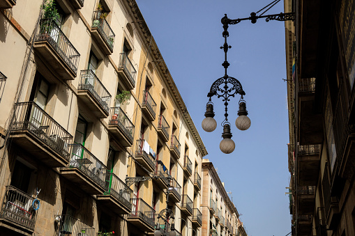 Homes and apartments on a street in Barcelona, Spain