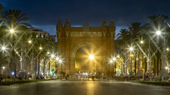 Night shot of the Passeig de Lluís Companys, Barcelona, Spain