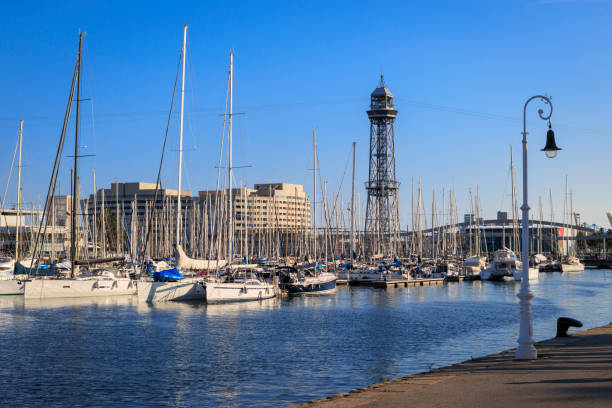 Sailing boat parking on the shore of Barcelona, summer background