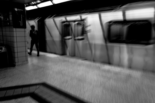 Toronto subway station in blurred. Shooting with a monochrome camera. Authentic photography without the use of artificial intelligence