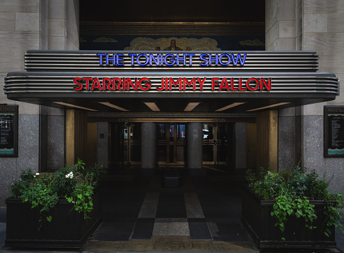 30 Rockefeller Center, New York,mUSA - September 15, 2023.  The entrance to The Rockefeller Center and NBC studios with The Tonight Show Starring Jimmy Fallon famous neon sign in New York City