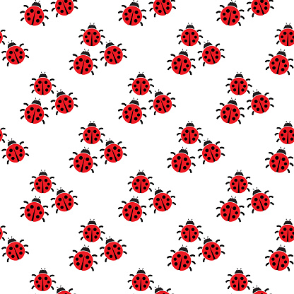 Vector seamless pattern of cute red ladybugs on a white background.