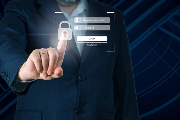 istock Businessman hand touching screen to login. Enter Username, Password for Login. Online Security 1708422836