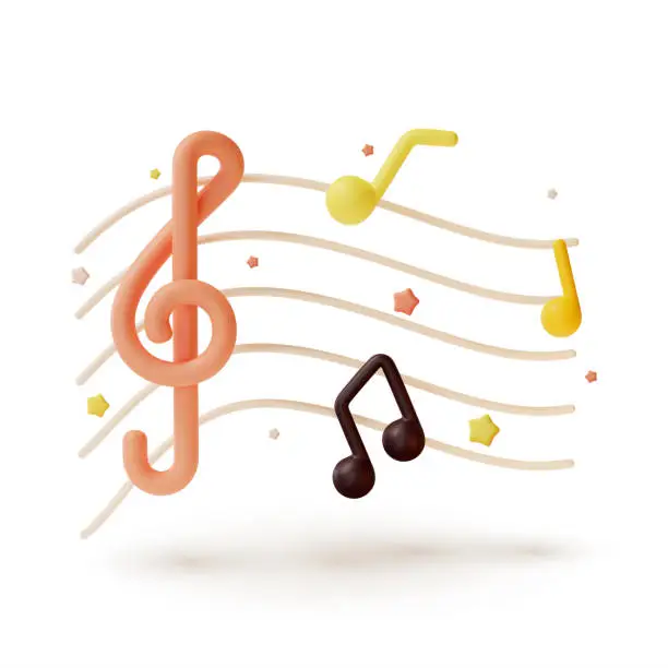 Vector illustration of 3d Musical Staff and Different Music Notes Symbols Cartoon Style. Vector