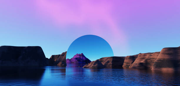 3d Render, Abstract Surreal pastel landscape background with arches and podium for showing product, panoramic view, Colorful dune scene with copy space, blue sky and cloudy, Minimalist decor design