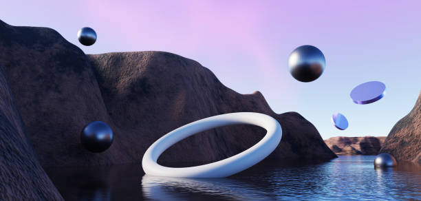 istock 3d Render, Abstract Surreal pastel landscape background with arches and podium for showing product, panoramic view, Colorful dune scene with copy space, blue sky and cloudy, Minimalist decor design 1708428917