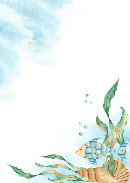 istock Sea card template with cute fish, seaweeds, seashells, water bubbles, blue watercolor splashes. Marine design. Hand drawn watercolor illustration. For save the date, greeting children birthday cards, poster, baby shower. 1708460507