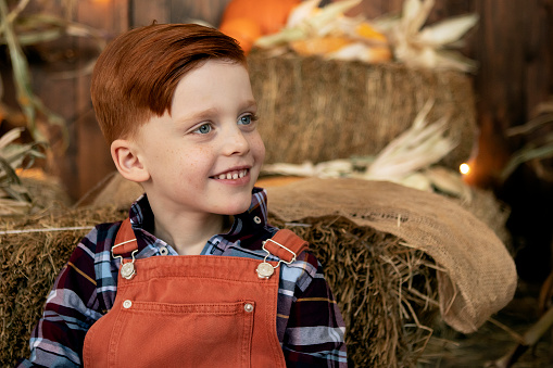 boy in orange overalls harvesting pumpkins