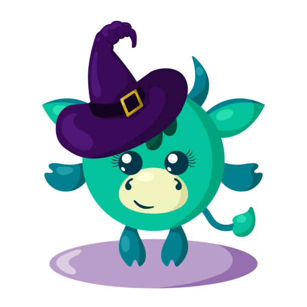 istock Funny cute kawaii Halloween bull with witch hat in flat design with shadows. 1708462779