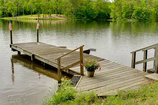 A serene lakeshore scene with a wooden dock, greenery, a boat, flowers, and a forest backdrop. Tranquil and dreamlike.A serene lakeshore scene with a wooden dock, greenery, a boat, flowers, and a forest backdrop. Tranquil and dreamlike.