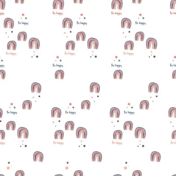 Vector illustration of Seamless pattern with rainbows and lettering on a white background. Print for wallpaper, textile, gift paper and for printing. Vector illustration