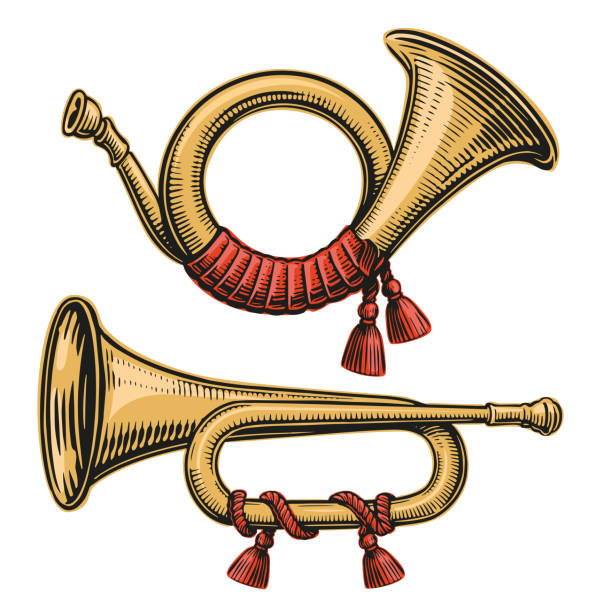 ilustraciones, imágenes clip art, dibujos animados e iconos de stock de bocina retro post. ilustración vectorial de corneta de caza - bugle