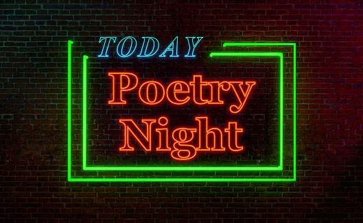 Poetry Night. Neon sign on a brick wall in the evening. Public event, poetry-slam, performance, literature, culture. 3D illustration