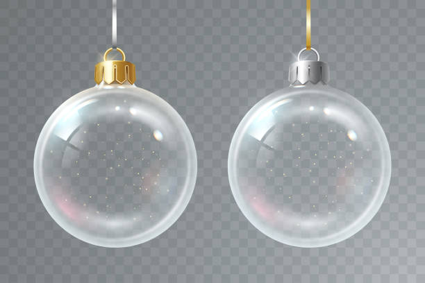 リボンにぶら下がっている金と銀の帽子を持つリアルなガラスの透明なクリスマスボール。伝統的なクリスマスツリーの装飾。3d スタイルで配置します。季節の休日のデザインのエレメント� - sphere glass bubble three dimensional shape点のイラスト素材／クリップアート素材／マンガ素材／アイコン素材