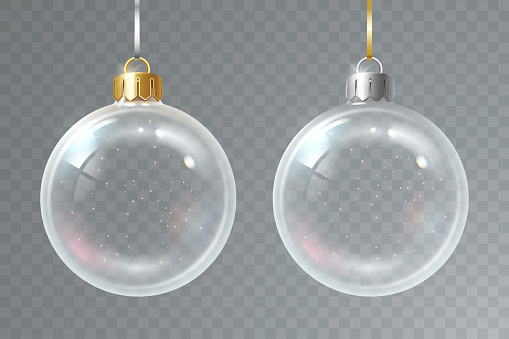 Realistic glass transparent Christmas ball with gold and silver cap, hanging on ribbon. Traditional xmas tree decoration. 3d style. Element for your season holiday design. Vector illustration