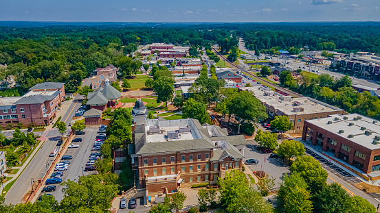 Aerial Drone view of the downtown area of Duluth, Ga.
