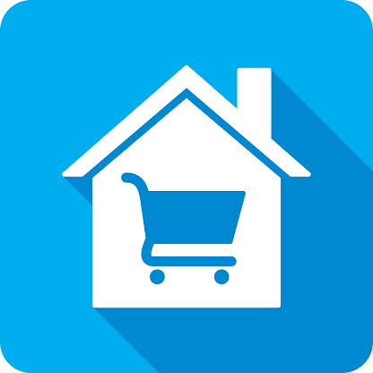 Vector illustration of a house with shopping cart icon against a blue background in flat style.