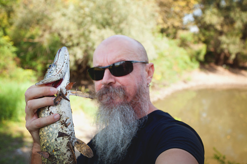 Sports fisherman fishing pike in swampland, selfie, focus on hand and fish