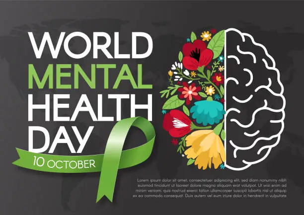Vector illustration of Mental Health Day. Horizontal banner with green ribbon, brain half made of flowers, and text. Vector flat illustration.