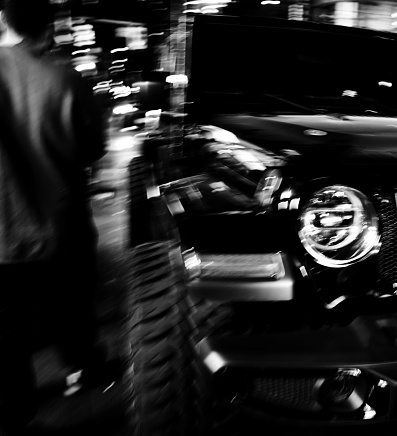 Car at night. Shooting with a monochrome camera. 
Authentic photography without the use of artificial intelligence