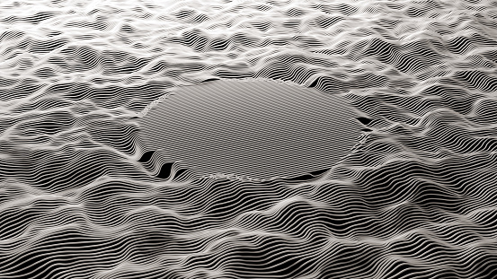 White round tubes in wavy random pattern are flat in a circular area at the center of the image.  Image is a 3d render.