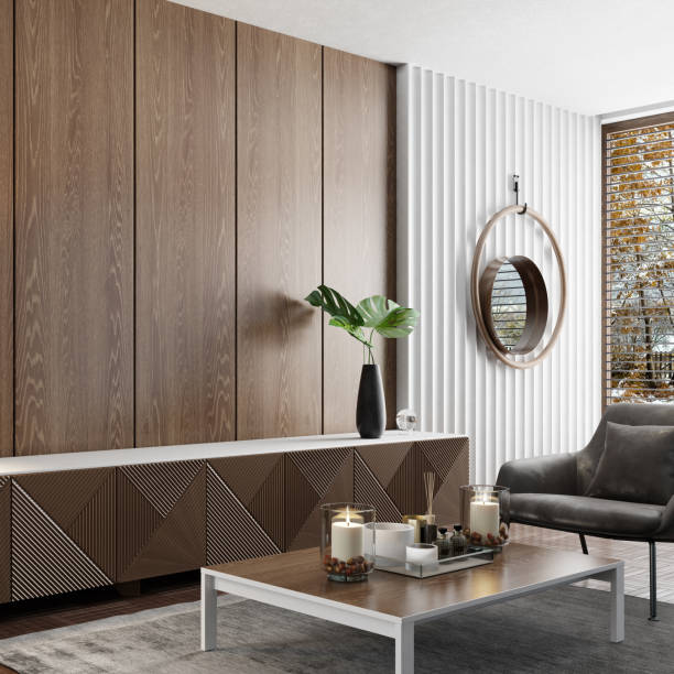 istock Modern minimalist apartment interior living room with wall design 1708574883