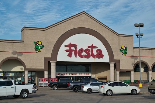 Houston, Texas USA 07-04-2023: Fiesta Mart business storefront exterior in Houston, TX. Latino-American supermarket retail chain founded in 1972.