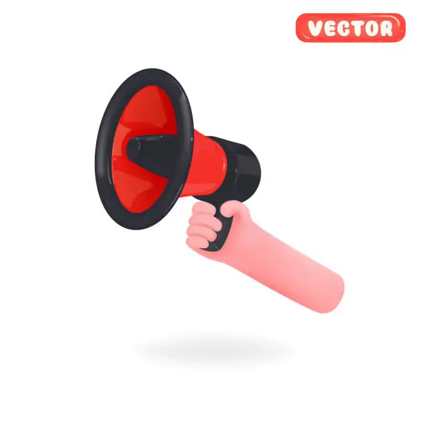 Vector illustration of Hand hold megaphone. Marketing time concept, realistic 3d megaphone, loudspeaker with lightning. Symbols Speaker, Social media, Advertising and promotion. Vector illustration