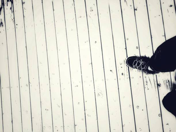 close-up view of the floor and black and white human shoes for the background