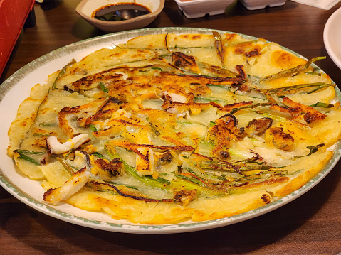 pajeon, korean food, stir fried egg with vegetables and shrimp