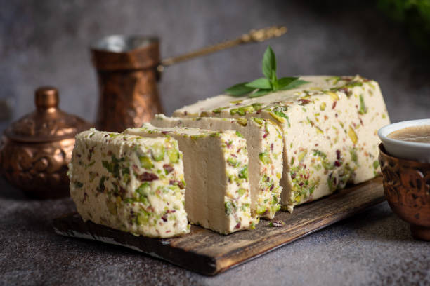 Sliced tahini halva with pistachio
