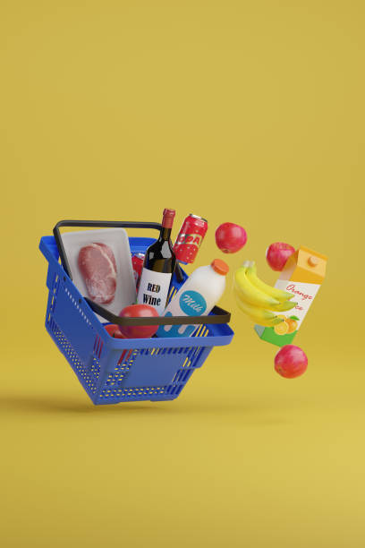 istock Supermarket basket with various items on a yellow background. 3d illustration. 1708715960