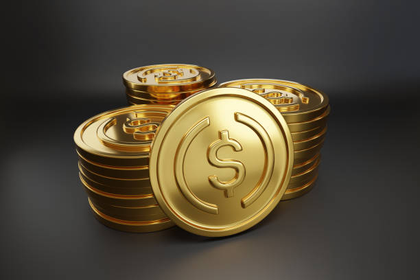 istock Golden USDC coins on dark background. 3d iluustration. 1708723316