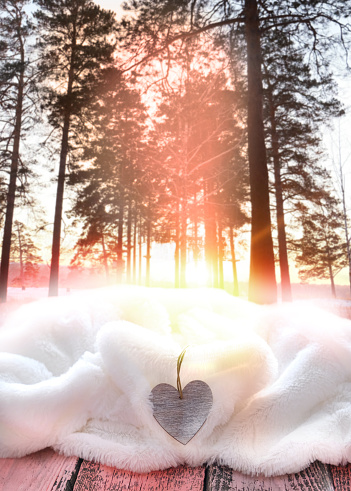 View from cottage window. Trees in the forest covered snow and ice crystals, fluffy white blanket on wooden table and heart. Abstract New Year background. Copy space