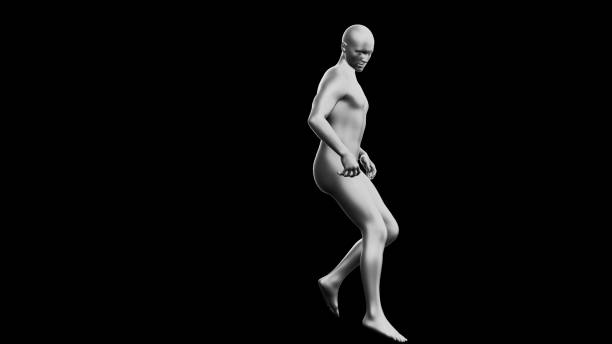 istock Beautiful young athletic man break-dancing energetically, isolated on black background. 3d illustration. Silver mannequin, android. 1708797465