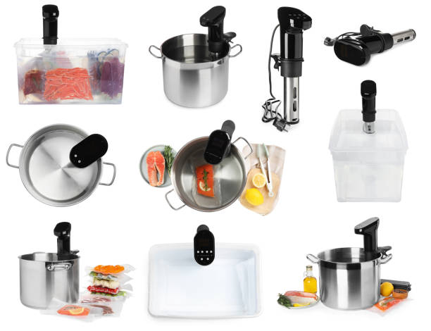 istock Collage with sous vide cookers, pots, container and vacuum packed products isolated on white. Thermal immersion circulator 1708830120