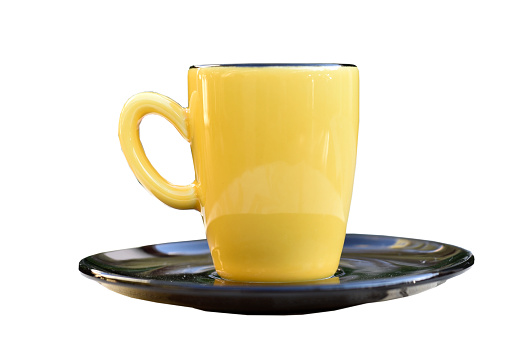 yellow mug porcelain cup container for water tea coffee container for liquid isolated on white background drink