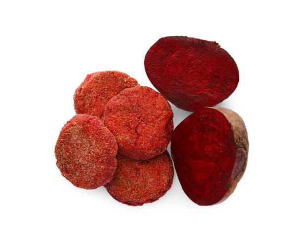 istock Tasty vegan cutlets with cut beet isolated on white, top view 1708839668