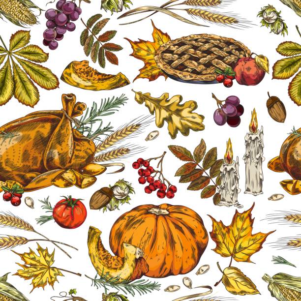 istock Thanksgiving day vector hand drawn seamless pattern, autumn festive pie and baked turkey, pumpkin, candles, leaves 1708851685
