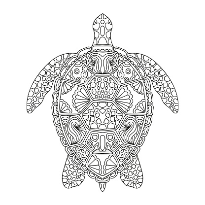 Sea turtle in line art style. Hand drawn vector illustration. Design for coloring book