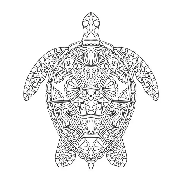 Vector illustration of Sea turtle in line art style. Hand drawn vector illustration. Design for coloring book