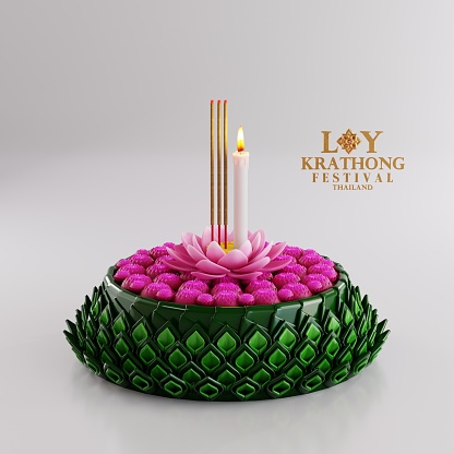 3d rendering illustration Loy Krathong festival  and Yi Peng festival in thailand  krathong from banana leaves, flowers, candles and incense sticks, fullmoon, river, and night background color.