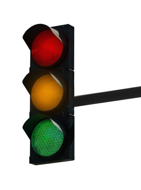 istock Traffic signal with three lights isolated on white 1708871328