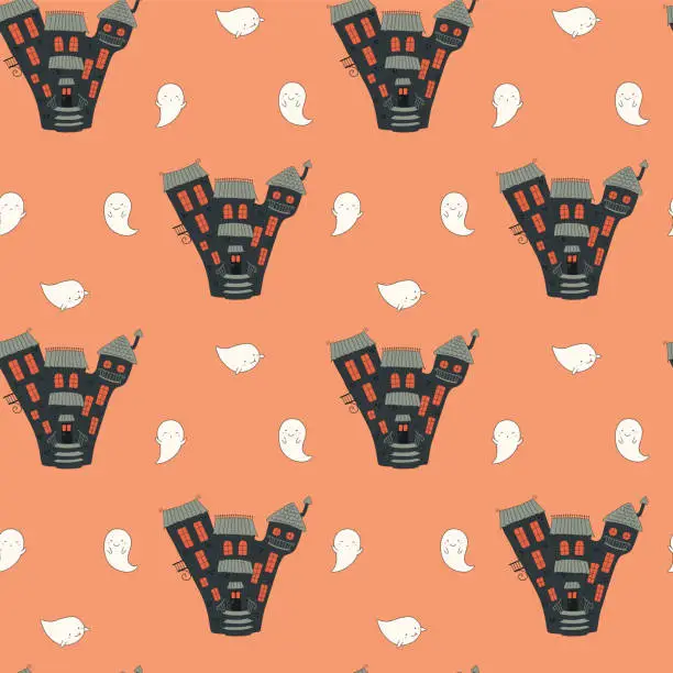 Vector illustration of Kawaii Halloween haunted house seamless pattern