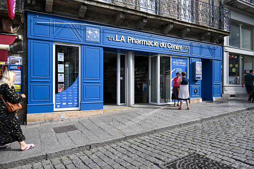 Dinan, France, September 8, 2023 - The Pharmacy du Centre in downtown Dinan, Brittany.