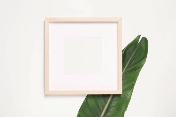 istock Empty photo frame and green leaf on white background, top view. Space for design 1708896668