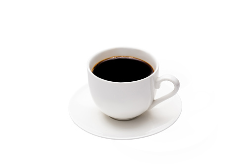 Black coffee in a white cup on a white background